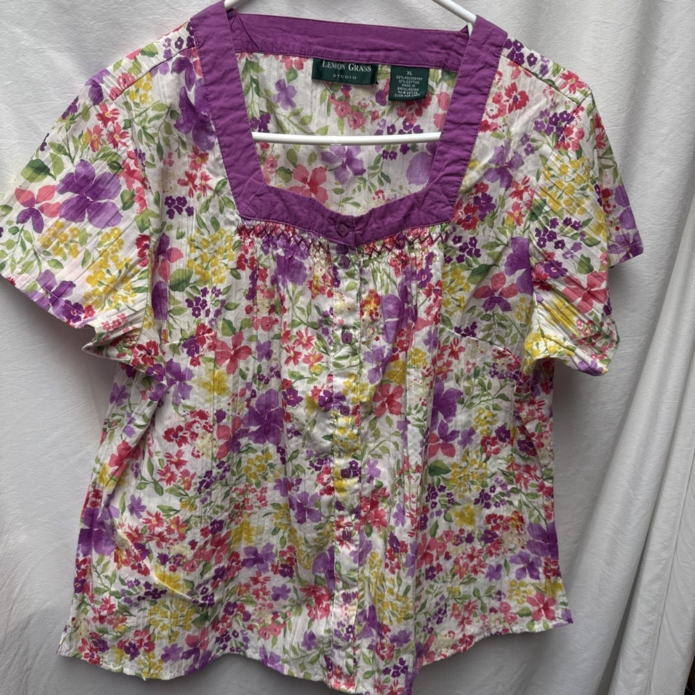 Lemon Grass Studio Purple Floral Crinkle Short Sleeve Button Blouse XL Box Neck